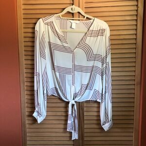 H&M White Cream Long Sleeve Tie Front Blouse